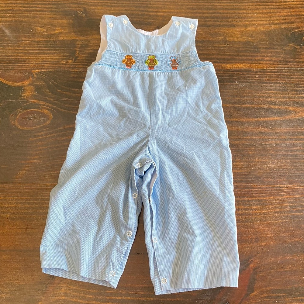 Vintage 18M Doodle Owl Blue Gingham Pants Romper Jumper‎ Checkered